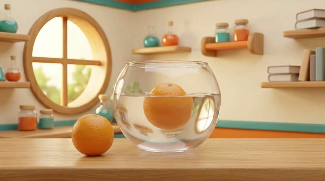 An orange floating in the bowl of water.