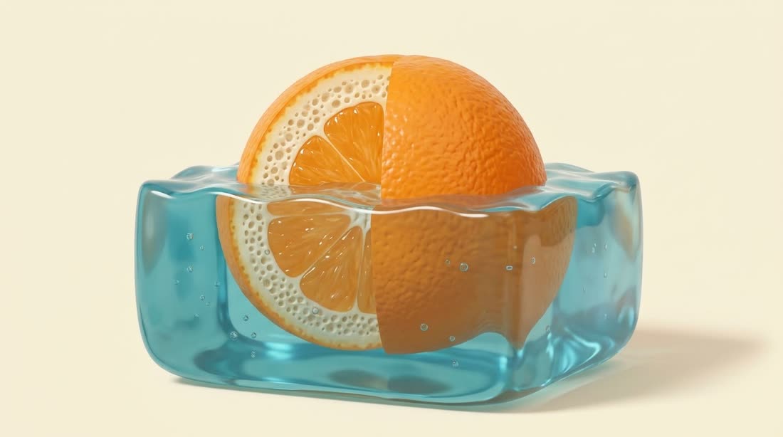 A cut-open orange in water, showing tiny air pockets in its peel.